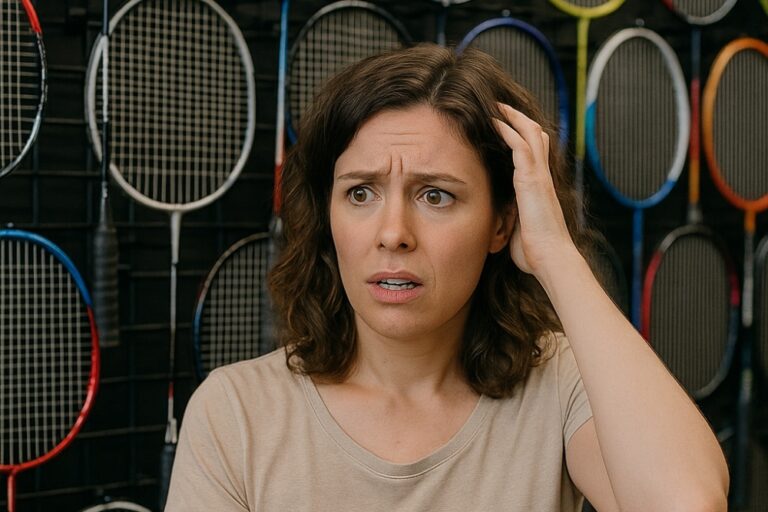 vrouw heeft keuzestress bij het kopen van een badminton racket