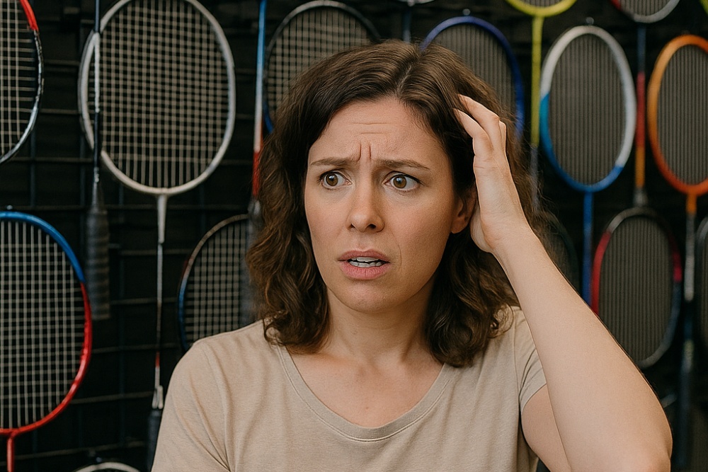 vrouw heeft keuzestress bij het kopen van een badminton racket